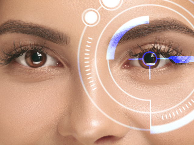 Close up. Future woman with cyber technology eye panel, cyberspace interface, ophthalmology concept. Beautiful female eye with modern identification, medical treatment for focus. Visual effects.